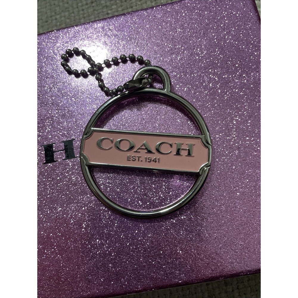 Coach Metal Round W/Pink Logo Plate Hang Tag Bag Charm Key Ring Chain